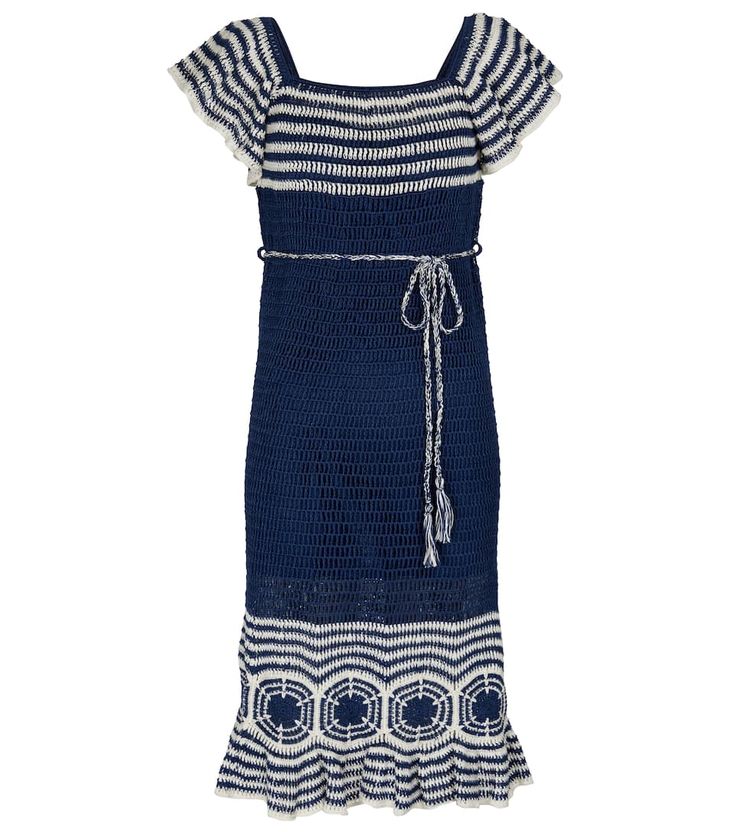 a blue dress with white and black stripes