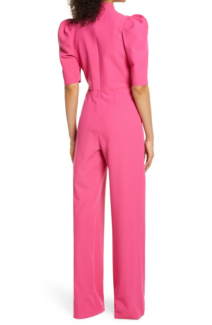 Formal Full-length Jumpsuits And Rompers For Spring, Full Length Formal Jumpsuits And Rompers For Spring, Formal Short Sleeve Jumpsuit Or Romper, Formal Short Sleeve Jumpsuits And Rompers, Formal Solid Short Sleeve Jumpsuits And Rompers, Formal Solid Color Wide Leg Jumpsuits, Workwear Puff Sleeve Jumpsuits And Rompers For Spring, Spring Workwear Jumpsuits And Rompers With Puff Sleeves, Elegant Pink Short Sleeve Jumpsuits And Rompers