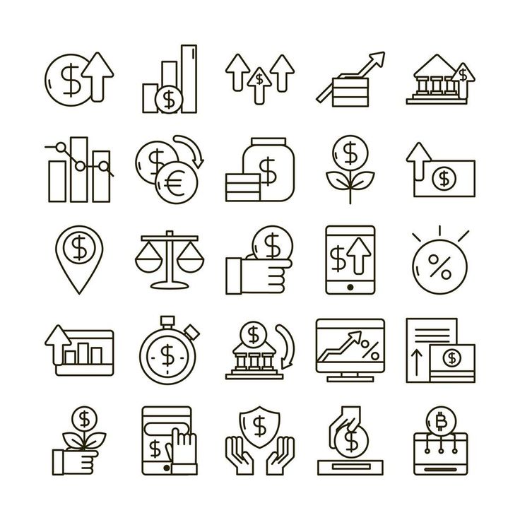 the icons are shown in black and white, including symbols such as houses, trees, money