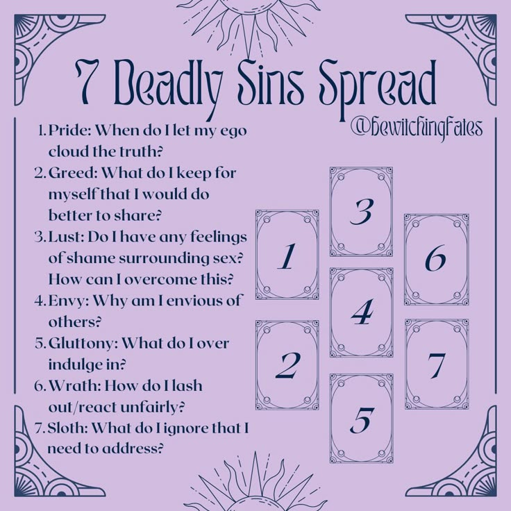 7 deadly sins spread. 1. Pride - when do I let my ego cloud the truth? 2. Greed - what do I keep for myself that I would do better to share? 3. Lust - do I have any feeling of shame surrounding sex? How can I overcome this? 4. Envy-why am I envious of others? 5. Gluttony- what do I overindulge in? 6. Wrath- how do I lash out/react unfairly? 7. Sloth - what do I ignore that I need to address? Tarot Secrets, Tarot Ideas, Tarot Guidance, Spiritual Wellbeing, Tarot Card Layouts, The 7 Deadly Sins, Tarot Guidebook, Tarot Reading Spreads, Tarot Interpretation