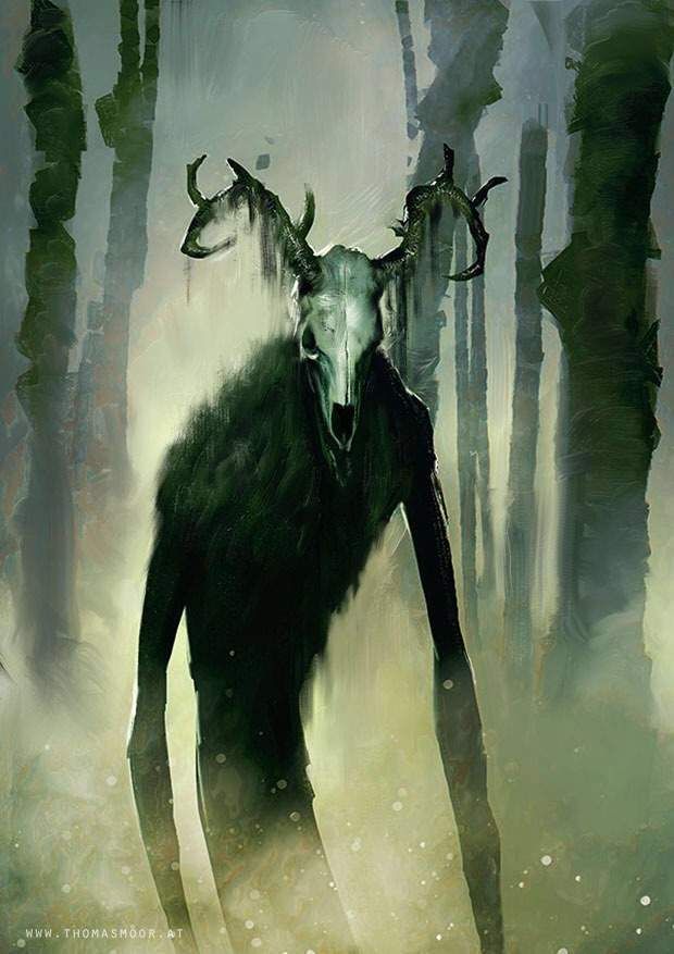 an animal with horns standing in the middle of a forest filled with tall, thin trees