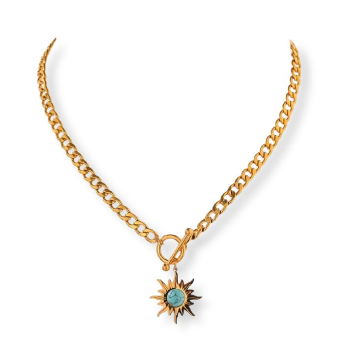 Indulge in celestial elegance with our Astra Sun Pendant Necklace featuring a captivating Turquoise Sun design. This exquisite piece seamlessly blends timeless style with a touch of cosmic allure. Make a unique statement with a piece that seamlessly combines celestial charm with personal style. 18k Gold Plated Stainless Steel Pendant Meassures 27mmx24mm Chain Length is 17.25" Water and Tarnish Resistant: Crafted to withstand everyday wear and tear Hypoallergenic: Made with high-quality materials Celestial Turquoise Necklaces As Gift, Celestial Turquoise Necklace For Gift, Celestial Turquoise Necklaces For Gifts, Turquoise Celestial Necklaces As Gift, Turquoise Celestial Style Necklace For Gift, Elegant Blue Star Charm Jewelry, Elegant Blue Jewelry With Star Charm, Celestial Turquoise Pendant Jewelry, Celestial Turquoise Pendant Necklace