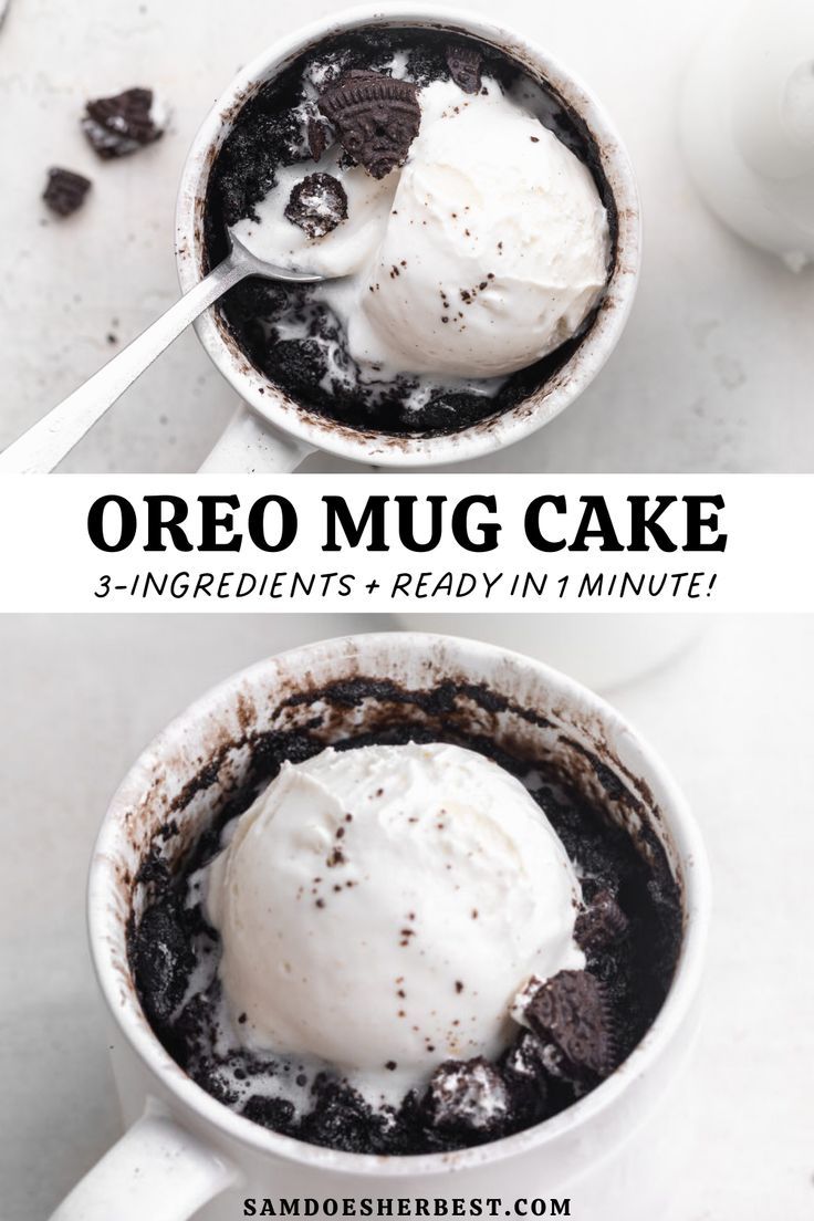 two mugs filled with oreo mud cake and ice cream on top of each other