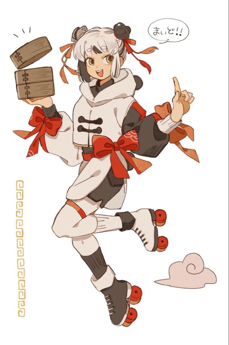 an anime character dressed in white and red is running with a box on her hand