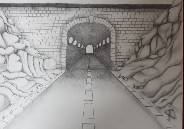 a pencil drawing of a tunnel with brick walls