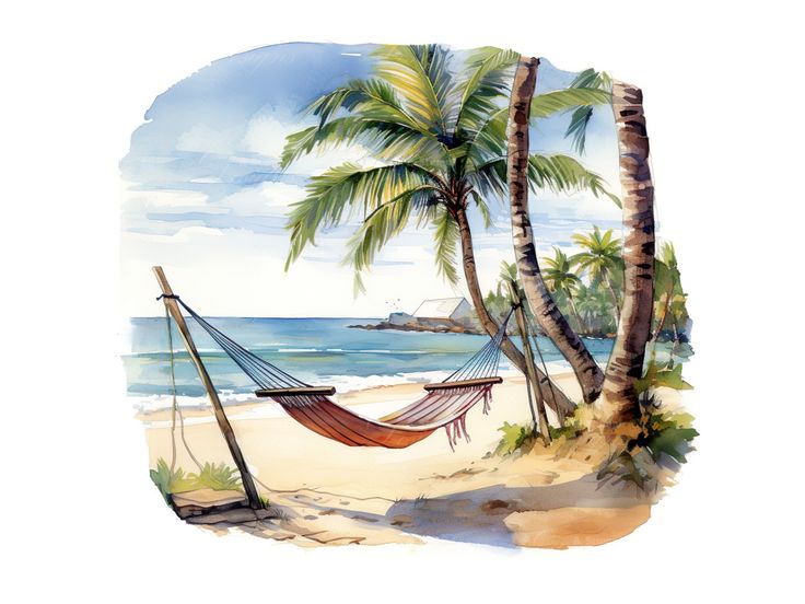 a painting of a hammock and palm trees on the beach