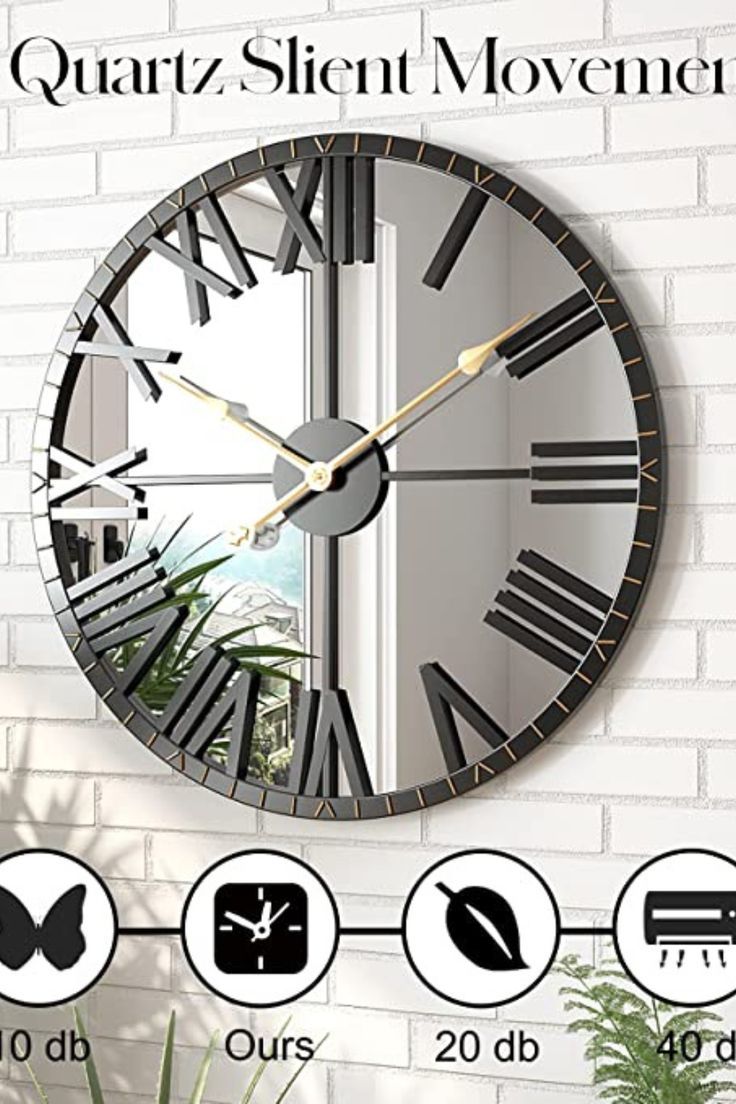 a wall clock with roman numerals on the face and numbers below it that read quatz silent movement