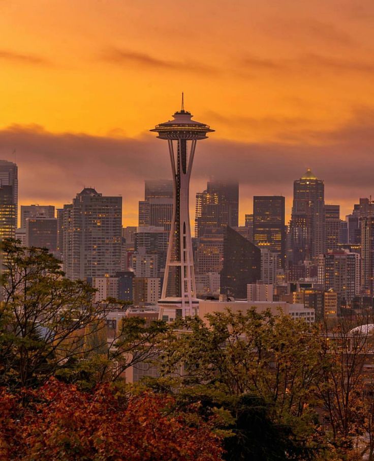 the space needle in seattle, washington state at sunset with cityscape in the background