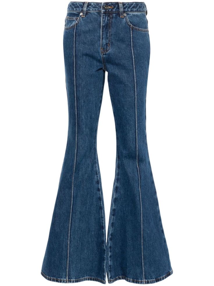 indigo blue cotton washed denim flared design seam detailing belt loops classic five pockets front button and zip fastening Flared Jeans 70s, Abba Outfits, Royal Blue Jeans, Denim Bell Bottoms, Build An Outfit, Making Outfits, Cool Jeans, 70s Inspired Fashion, Kick Flare Jeans