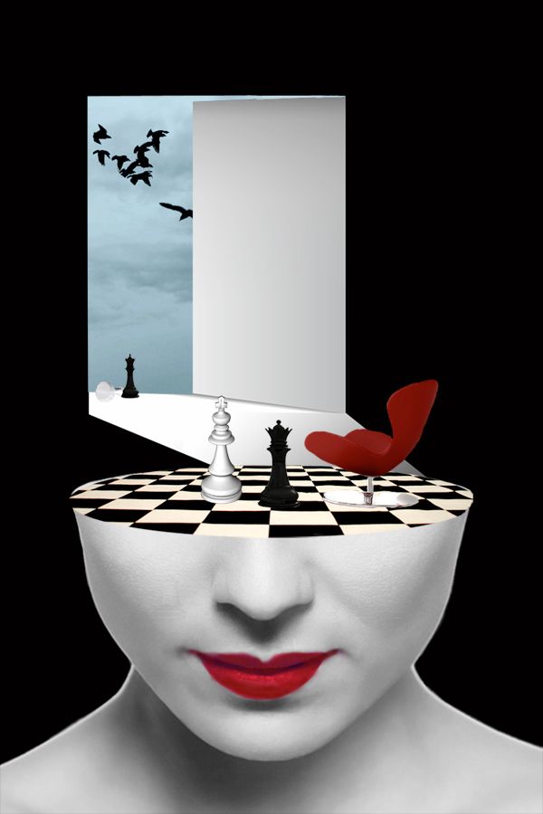 a woman's face with black and white chess pieces in the shape of her head