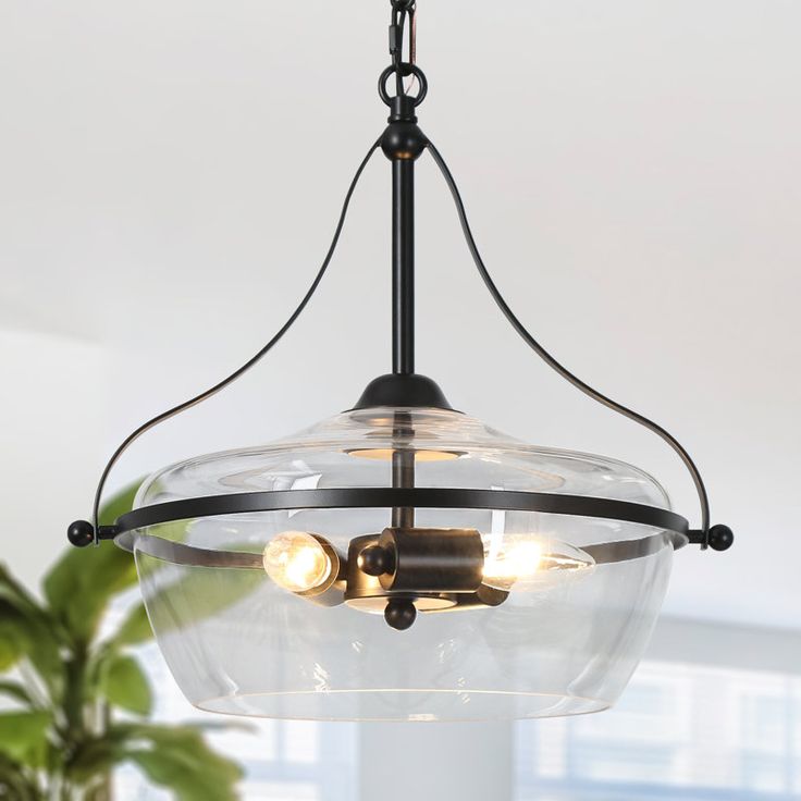 a light fixture hanging from the ceiling in a room with a potted plant behind it