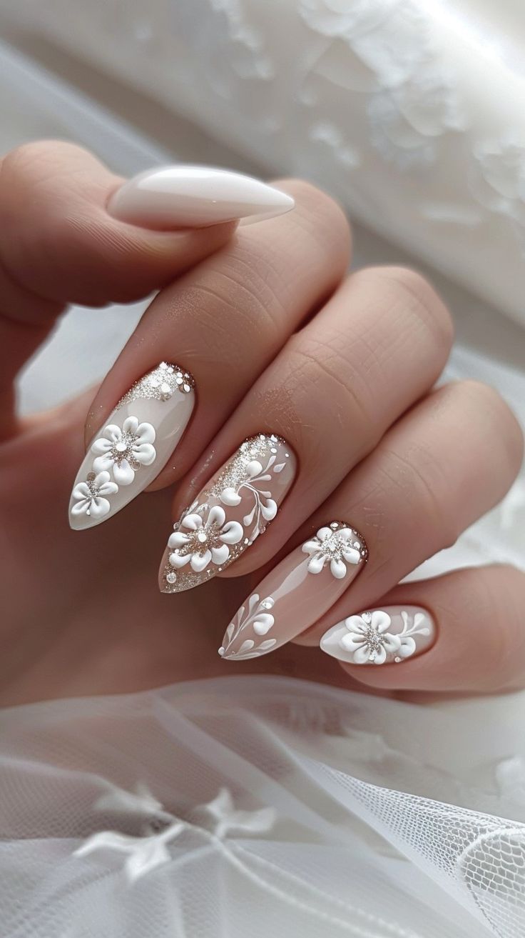 Wedding Nail Almond, Modern Bride Nails, Bridal Nail Designs, Elegant Bridal Nails, Bridal Manicure, Bridal Nails Designs, Engagement Nails, Bridal Nail, Wedding Nail Art Design