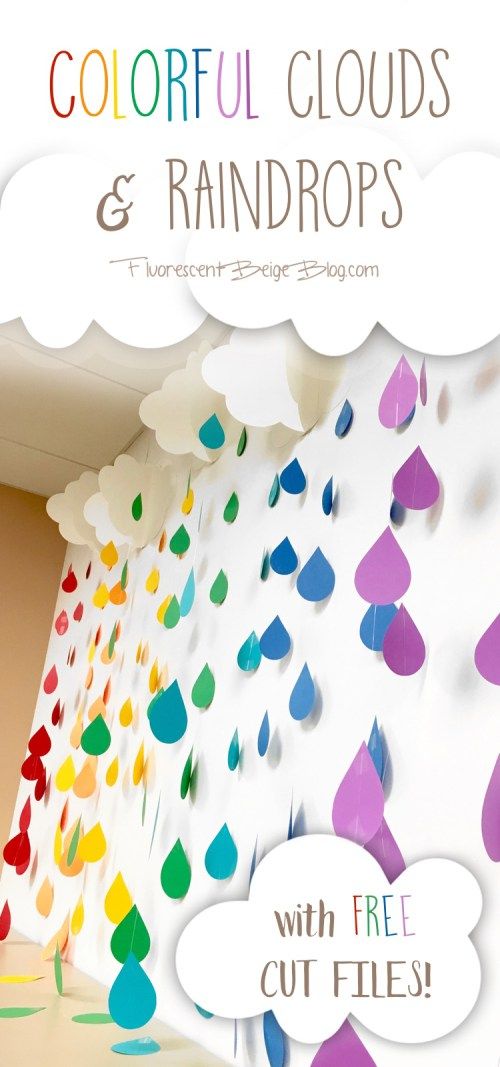 colorful clouds and raindrops hanging from the ceiling with free cut files on it