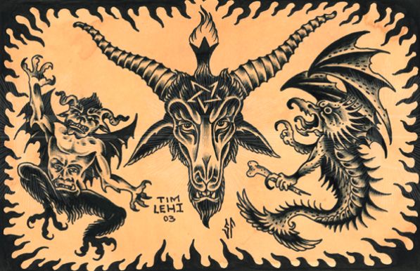 an image of two dragon and demon tattoos on a wooden plaque with flames in the background