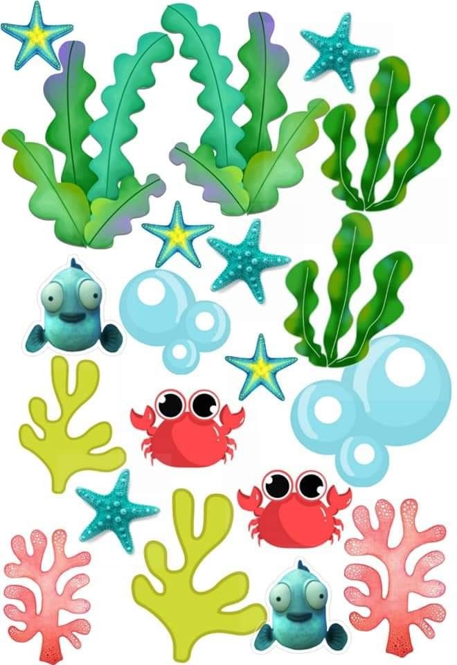 an image of sea animals under the sea plants and starsfishs on a white background