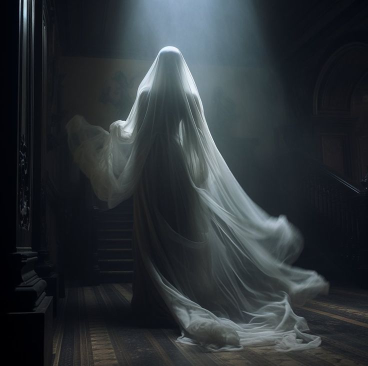 a ghostly woman in white dress walking down stairs