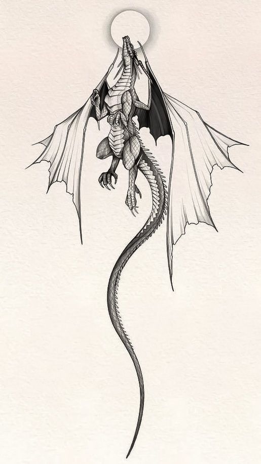 a black and white drawing of a dragon with its wings spread out in the air