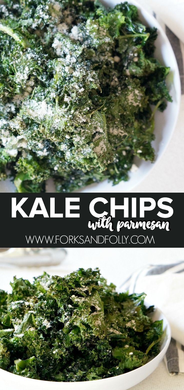 kale chips with parmesan cheese in a white bowl on top of a table