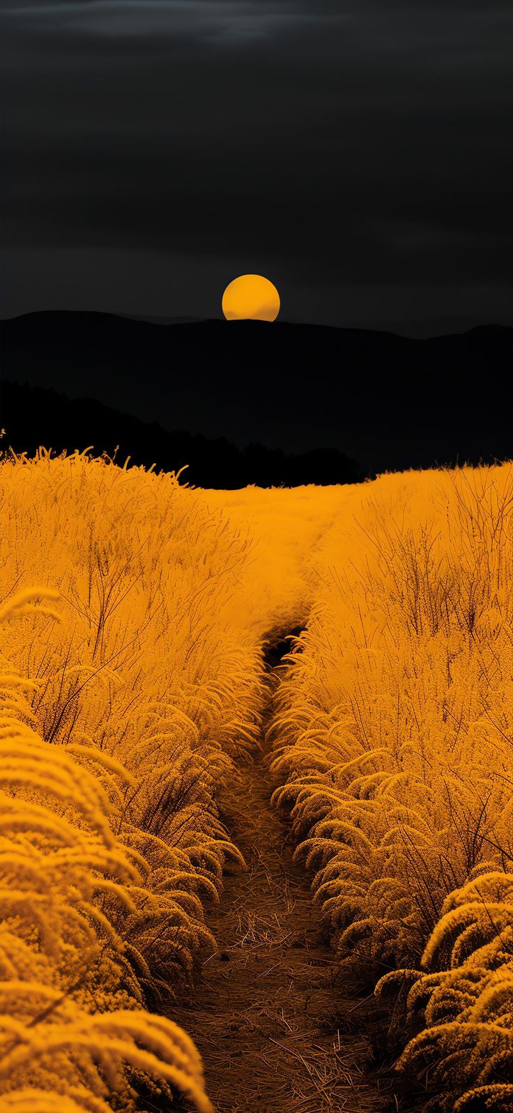 the sun is setting over a field with tall grass