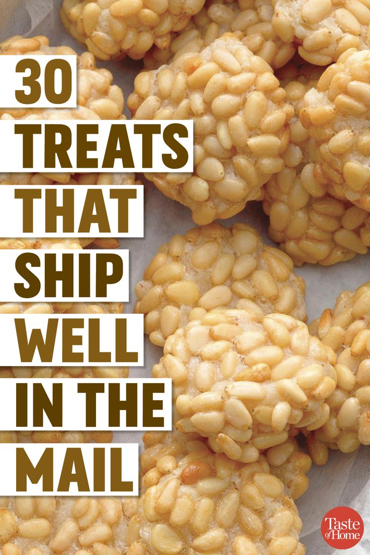 the words 30 treats that ship well in the mail are overlaid with images of macaroni and cheese