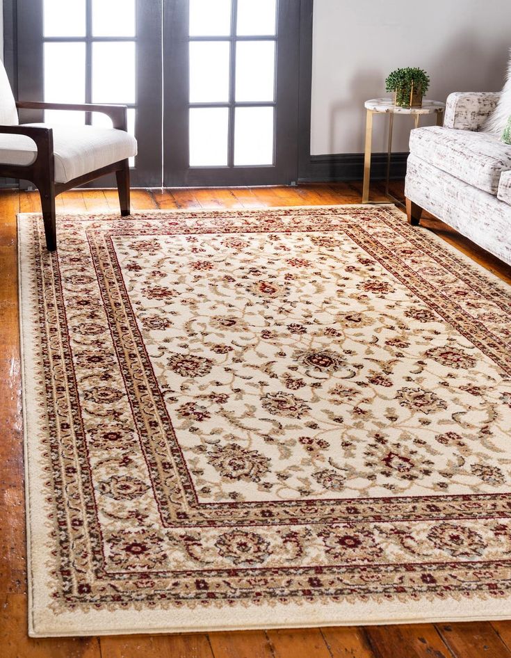 a living room scene with focus on the rug