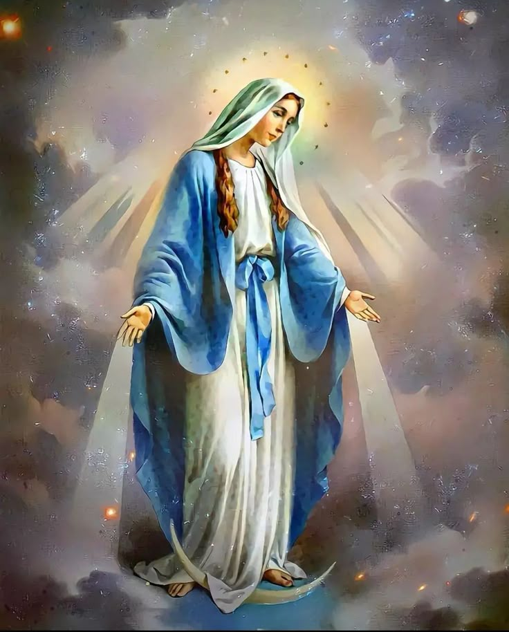 the immaculate mary in blue robes with stars above her and clouds behind her, as if she was praying