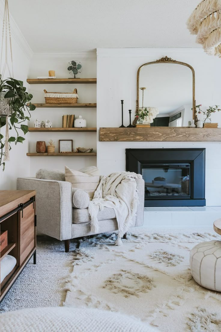 a living room filled with furniture and a fire place