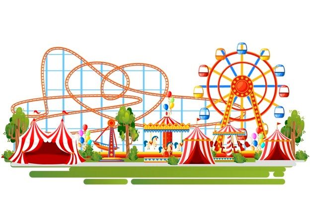 an amusement park with ferris wheel and rides