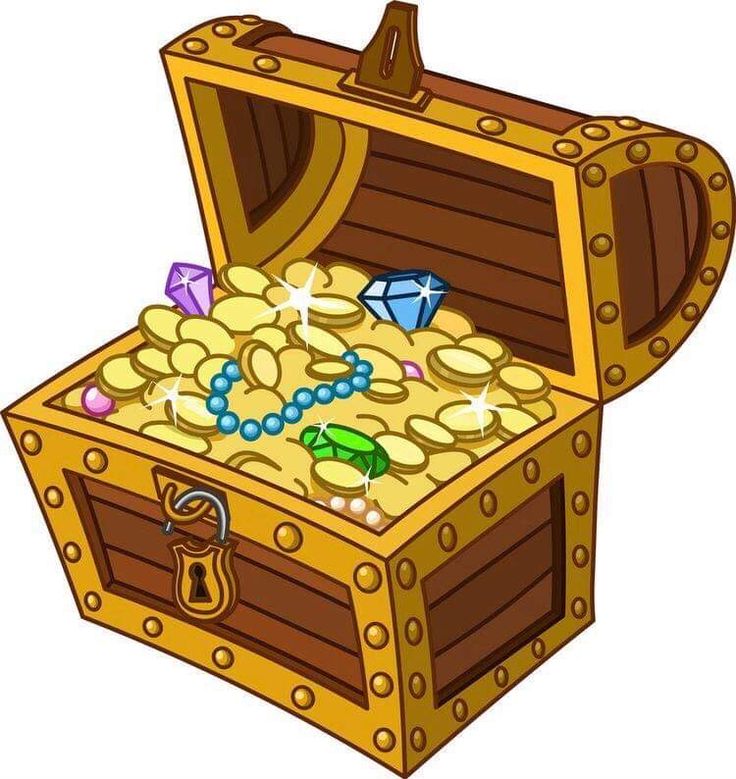 an open wooden chest filled with gold coins and jewelery beads, on a white background