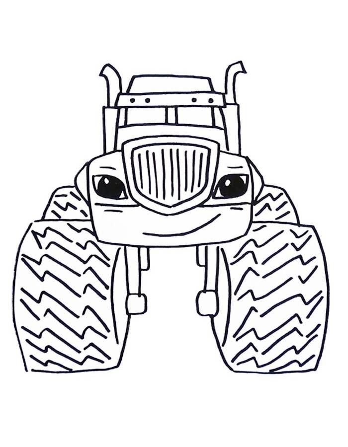 a cartoon monster truck with big tires on it's front wheels and large eyes