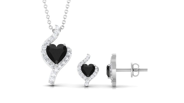 Heart Shape Black Onyx and Diamond Jewelry Set - Rosec Jewels Heart Jewelry Set, Diamond Jewelry Set, Buy Jewellery Online, Onyx Earrings, Sparkling Diamond, Earrings Pendant, Romantic Dinner, Moissanite Jewelry, Necklace And Earring Set