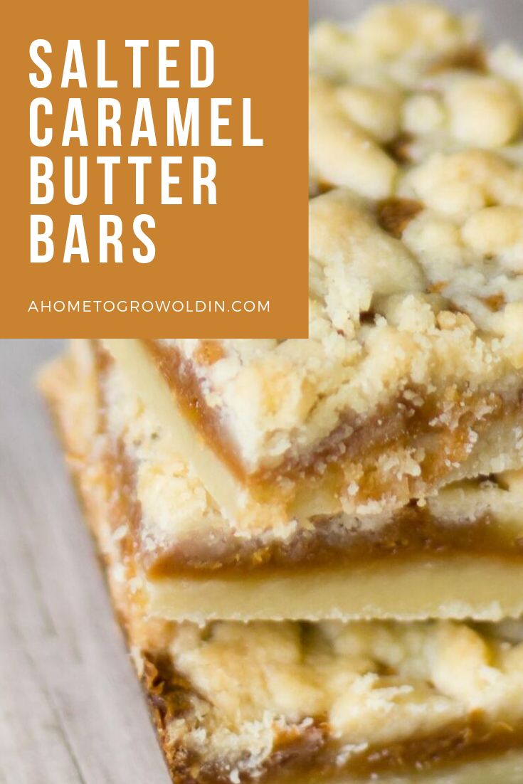 salted caramel butter bars stacked on top of each other with text overlay