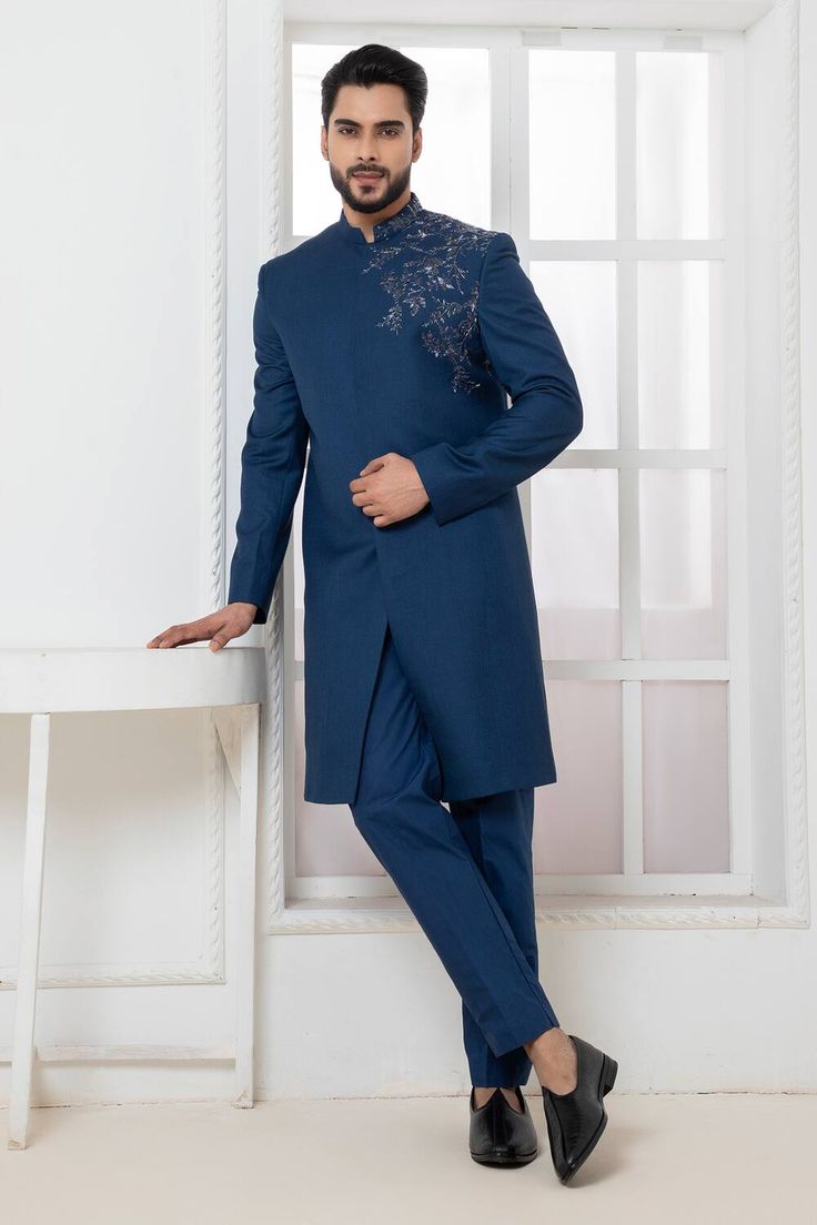 Blue Embroidered Motif Bandhgala And Straight Pant Set Straight Pants For Men, Blue Bandhgala, Wedding Mehendi, Motif Embroidery, Engagement Reception, Festival Birthday, Suiting Fabric, Mens Wear, Full Sleeves