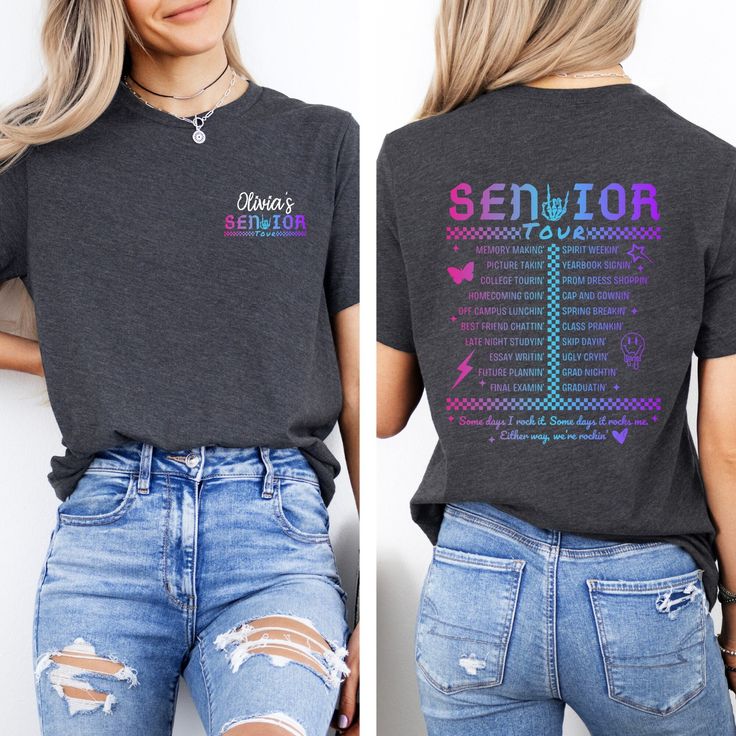 Custom Senior Tour Shirt, Back to School, School Shirts, Senior Shirt, Front and Back Design, Best Friend Shirt, Retro Vintage Graphic Tee, Personalized This is a custom/personalized item! To order: Pick your color and size in the drop down, add your personalization in the text box that includes the name (Olivia, Jenn, etc.) that you would like.  SIZE & COLORS * Check out the listing photos for the size chart  * Send us an email if you'd like the shirt in a different color than is in the listing Senior Tshirts Ideas, Senior 2025 Shirts, Senior Shirt Ideas 2021, Class Shirt Designs, Cute Senior Shirts, Senior Tshirts, Senior Class Shirts, Cheerleading Shirts, Class Shirts