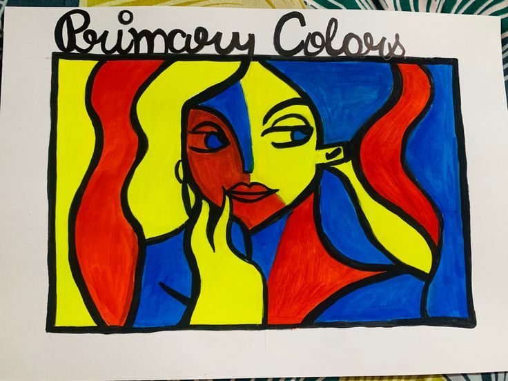 a drawing of a woman's face with red, yellow and blue colors on it