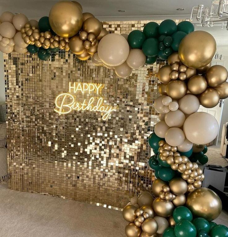 #birthdaydecor #partydecor #birthdayparty #partyplanning #eventplanning #celebration #decorinspiration #partyideas #birthdayfun #partytime #decorations #birthdaybash #partydecorations #birthdaycelebration #partyplanner #birthdayvibes Green Colour Birthday Theme, Green Gold Theme Party, Gold Party Theme Birthday Ideas, Gold Shimmer Wall With Balloons, Sequin Birthday Party, Glitter Themed Party Decorations, Birthday Colour Themes, Champagne Birthday Party Theme, Green And Gold Party Decorations