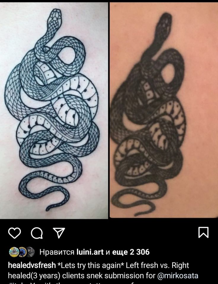 two different pictures of tattoos one with a snake and the other with a snake on it