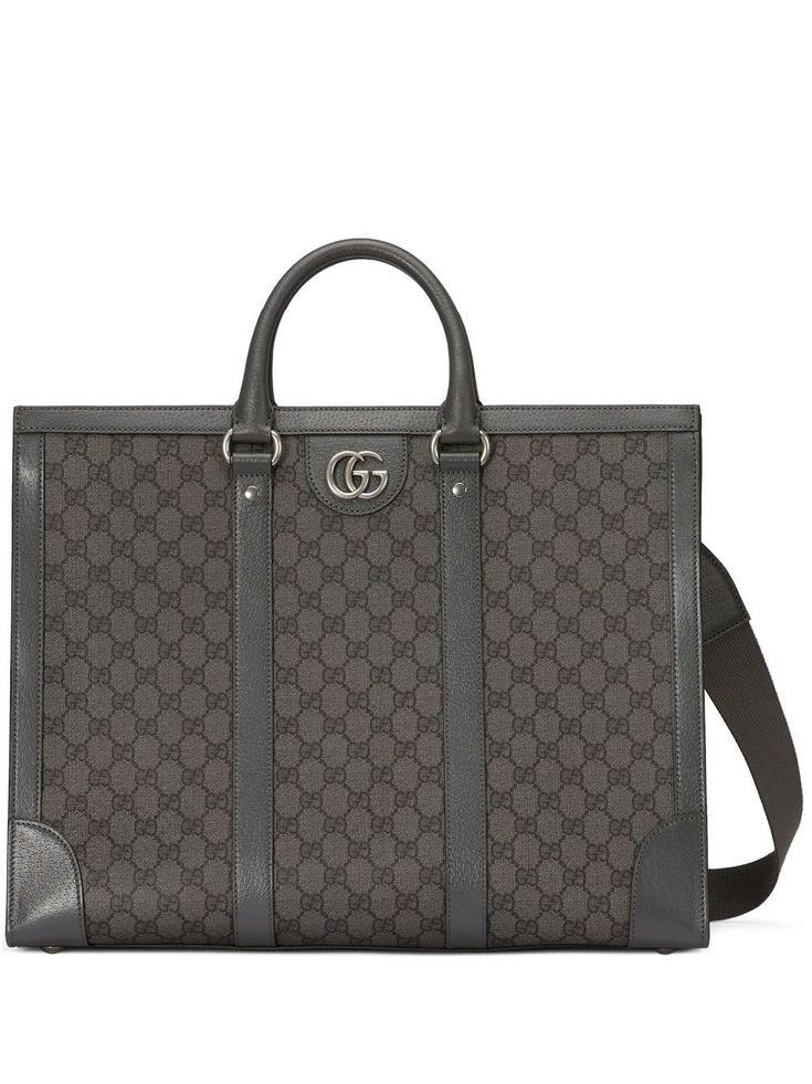 large Ophidia tote bag from Gucci featuring grey, GG Supreme canvas, leather trim, signature Double G logo, two rolled top handles, adjustable detachable shoulder strap, lobster claw fastening, main compartment, internal zip-fastening pocket, internal slip pocket and silver-tone hardware. This item is in size UNI and the color is Gucci Shoulder Bag With Leather Trim, Gucci Top Handle Shoulder Bag With Leather Trim, Gucci Double Handle Bag With Top Carry Handle, Gucci Bag With Top And Double Carry Handles, Luxury Gray Bag With Top Carry Handle, Gucci Satchel With Detachable Double Handle, Designer Coated Canvas Satchel With Double Handle, Luxury Gray Shoulder Bag With Top Carry Handle, Designer Double Handle Briefcase For Shopping