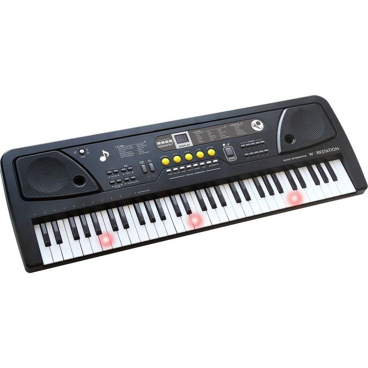 the electronic keyboard is black and has red knobs