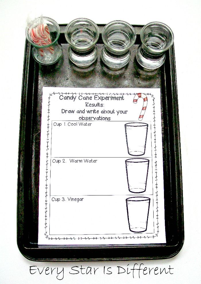 a tray with glasses and candy canes on it that says candy cane experiment draw and write about your drinking water