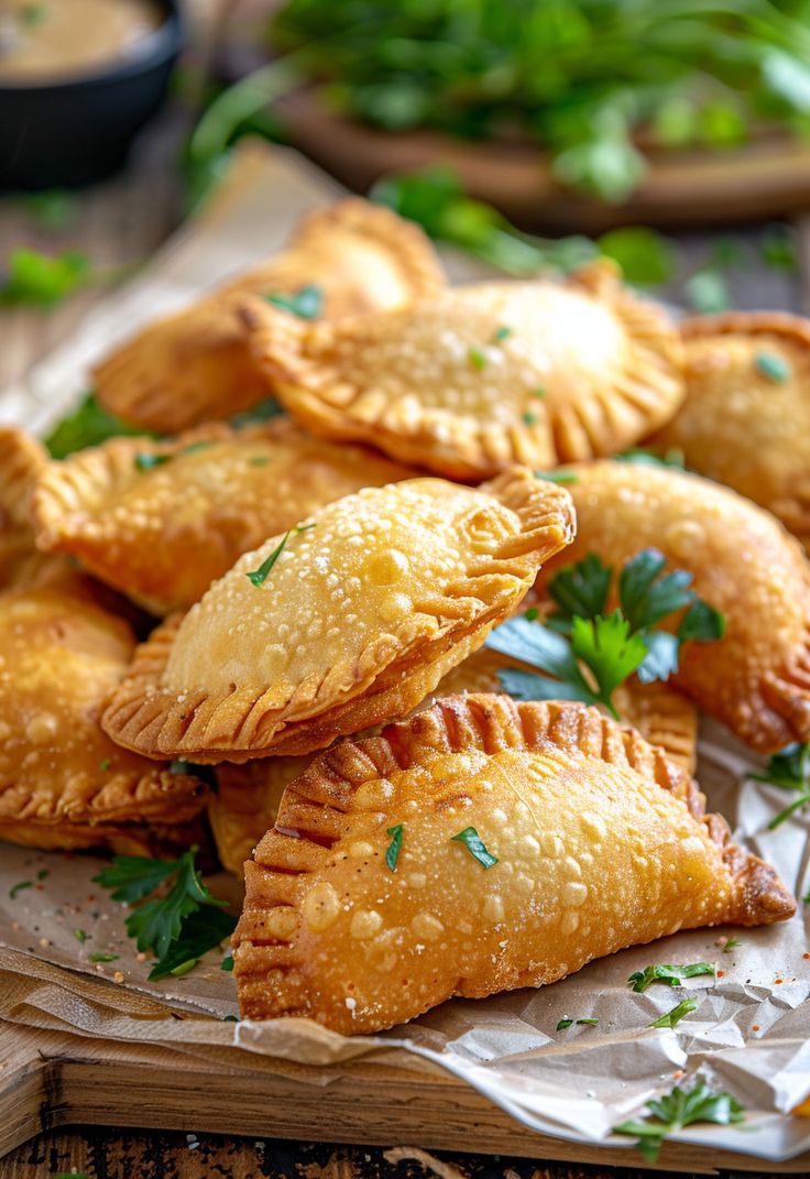 several pastries are stacked on top of each other and garnished with parsley