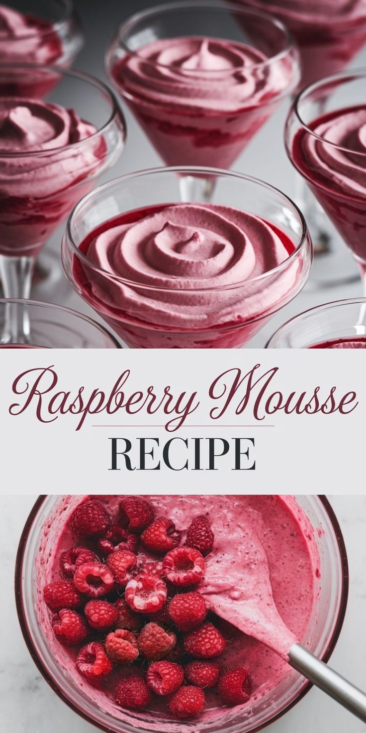 Raspberry Mousse Recipe - Emma's Cake Studio Raspberry Mousse Desserts, Elegant Small Desserts, Mixed Berry Mousse, Raspberry Mousse Tart, Raspberry Mousse Pie, Light Easy Dessert Recipes, Raspberry Mouse For Cake, Raspberry White Chocolate Mousse, Raspberry Puree Recipe Desserts