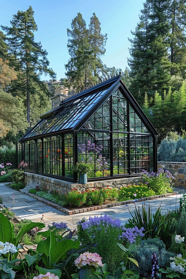 a glass house surrounded by flowers and trees