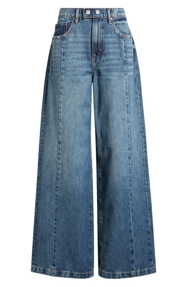 Moto-inspired seams spotlight the superhigh waist and superwide legs of these trendy jeans made from nonstretch denim. 33" inseam; 12 1/2" front rise Zip fly with two-button closure Five-pocket style 100% cotton Machine wash, tumble dry Imported Women’s Loose Jeans, High Quality Jeans, Cool Jeans Aesthetic, Tall Women Jeans, Wide Cut Jeans, Fall 2024 Jean Trends, Jeans Outfit Women Winter, Vintage Jeans Aesthetic, Thrift Style Outfits