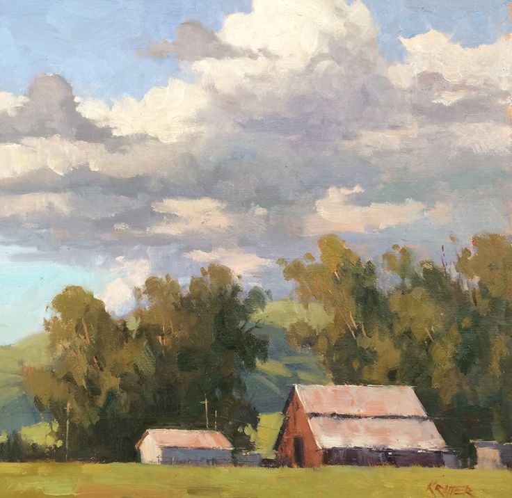 an oil painting of a farm with trees and clouds in the background