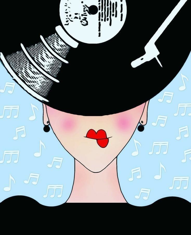 a woman wearing a hat with musical notes on it