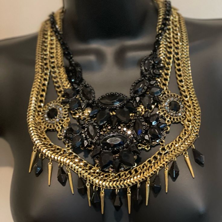 Brand New, Never Worn! Epic Piece That Really Makes A Bold Statement Edgy Black Beaded Jewelry, Party Bib Necklaces With Jewels, Party Metal Bib Necklace With Jewels, Edgy Handmade Jewelry For Parties, Handmade Edgy Jewelry For Party, Bohemian Black Necklace For Party, Trendy Black Fashion Jewelry, Edgy Handmade Necklaces For Party, Trendy Black Evening Jewelry