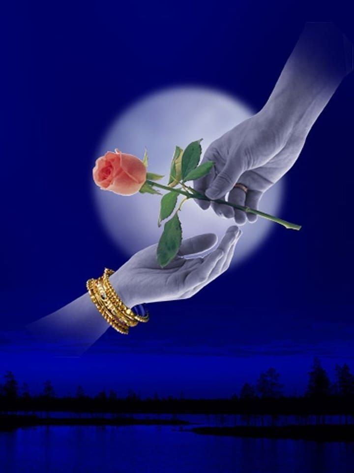 a person holding a rose in their hand with the moon behind them and water below