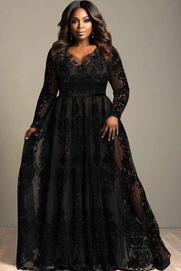 Plus Size Black Wedding Dresses, Black Wedding Dresses Plus Size, Plus Size Gala Dress, Plus Size Semi Formal, Lace Maxi Dresses, Black V Neck Long Sleeve, Witches Ball, Ball Outfit, Black Wedding Gowns