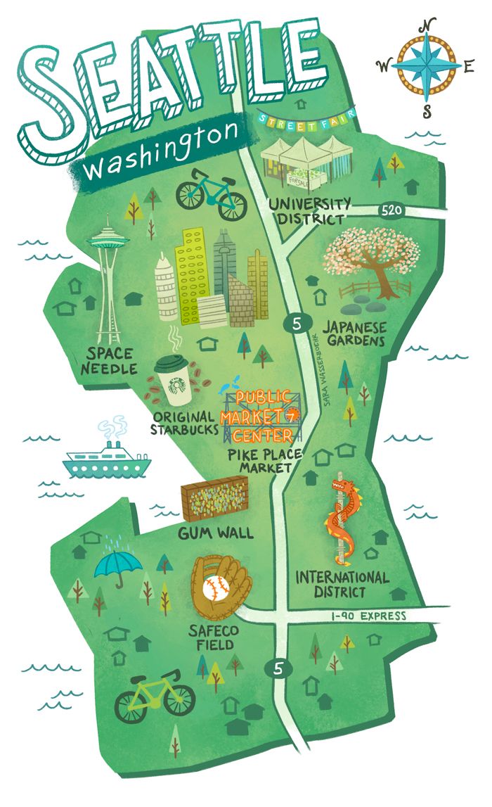 a map of the seattle area with many things to see and do in it's vicinity